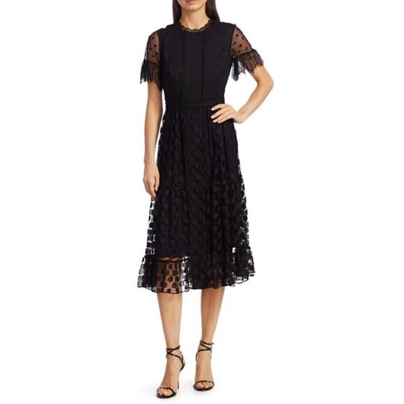 Saloni Lace-Trimmed Polka Dot Tulle Midi Dress Black sz 6 US - Picture 2 of 16